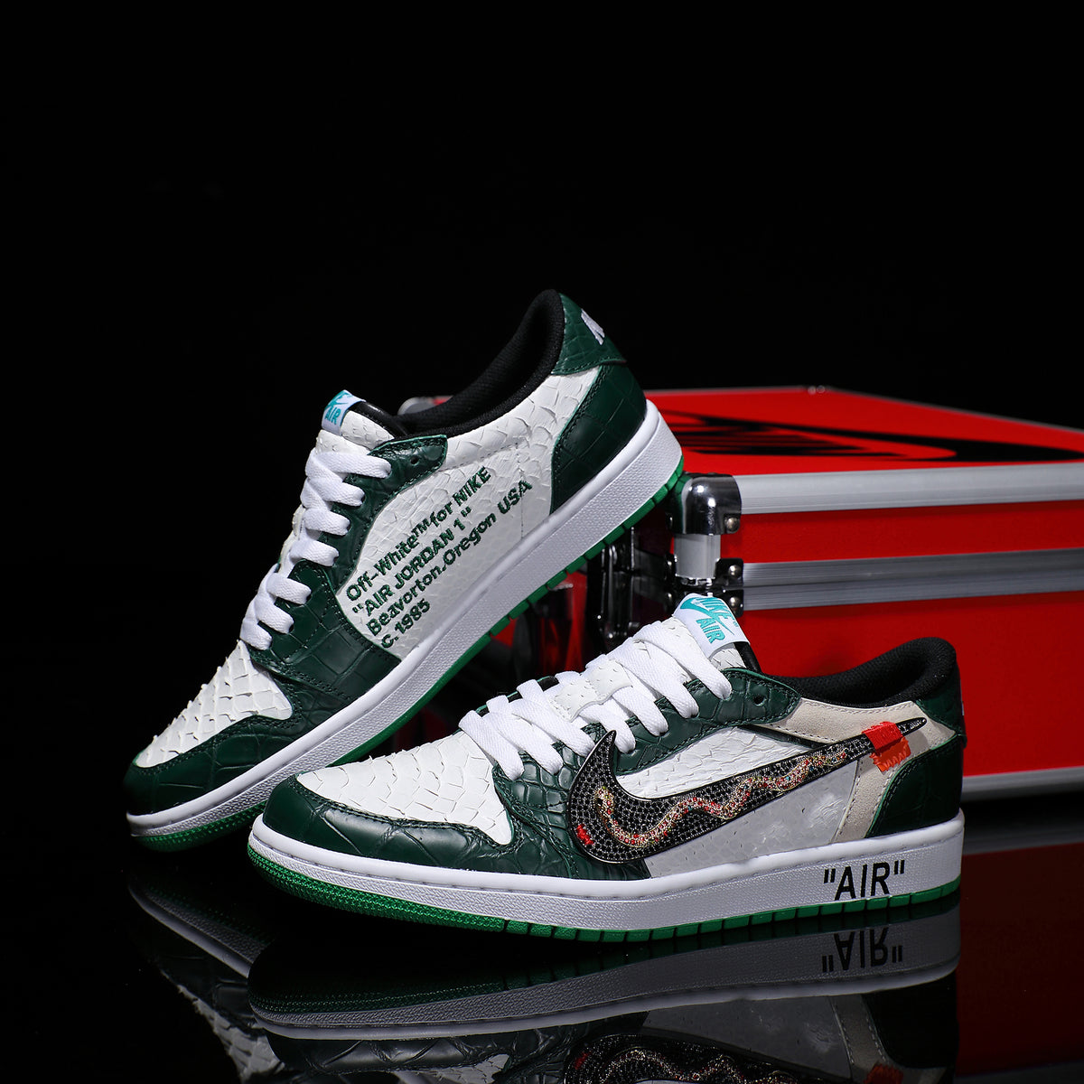 Custom Green and White - Crocodile Pattern + Python Pattern Air Jordan Low - Top – hand-painted custom sneakers | DiySneakers