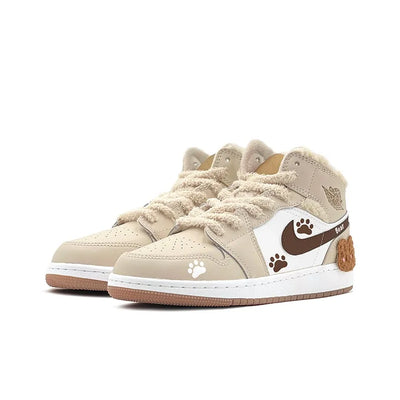 Custom Warm Winter - Bear Cub Footprints Jordan Air Jordan 1 Female Khaki Color – custom sneakers view 2 | DiySneakers