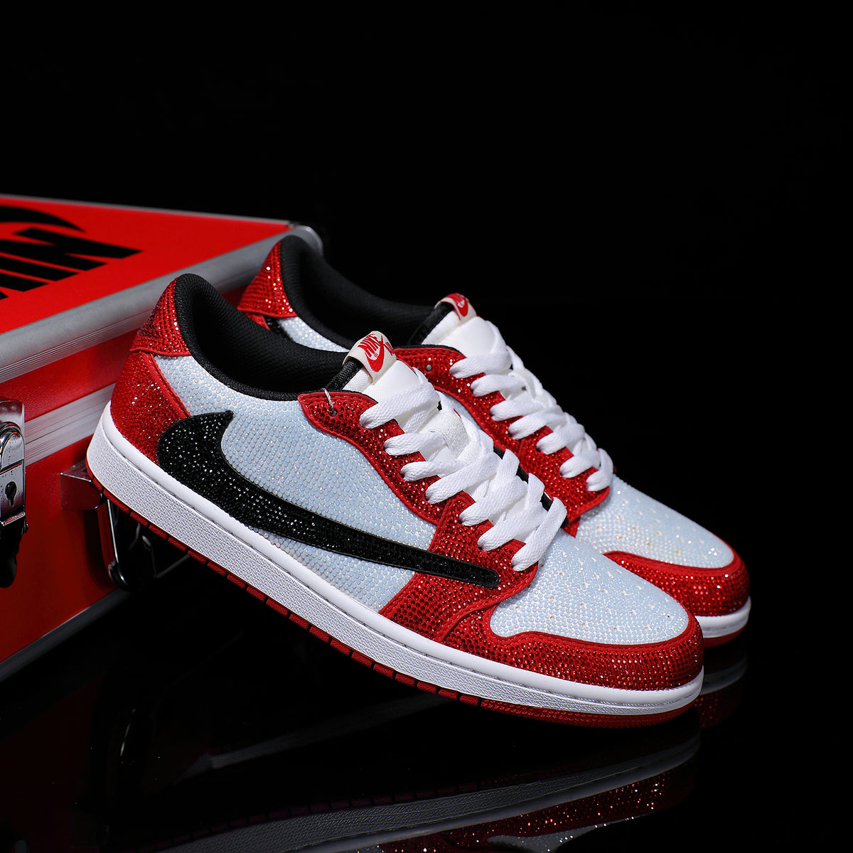 Custom Red and White - Backwards Swoosh Full Diamond Air Jordan 1 Chicago Low - Top – hand-painted custom sneakers | DiySn…