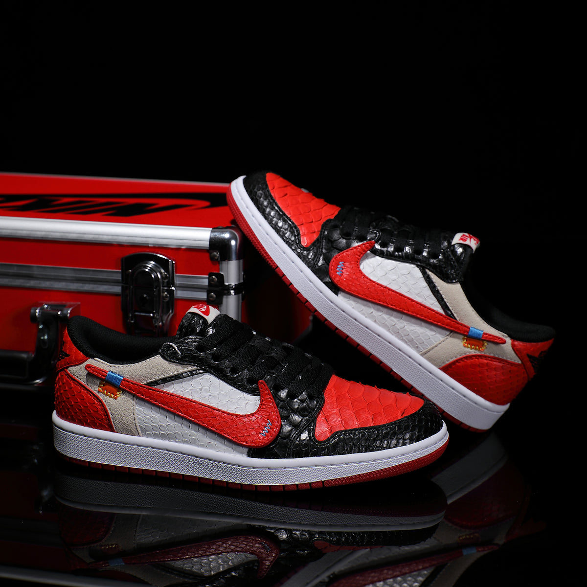 Custom Black and Red Python Skin Air Jordan Low - Top – hand-painted custom sneakers | DiySneakers