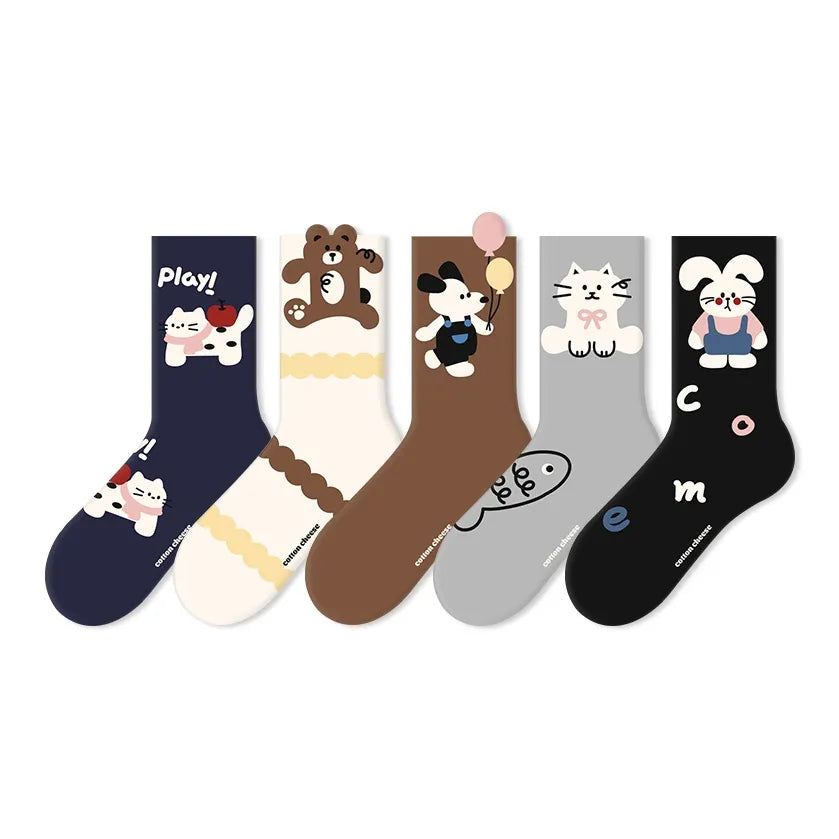 Cute Cartoon Anti-Pilling, Breathable And Comfortable Mid-Calf Socks 5-Pair Set(Size 36-42)