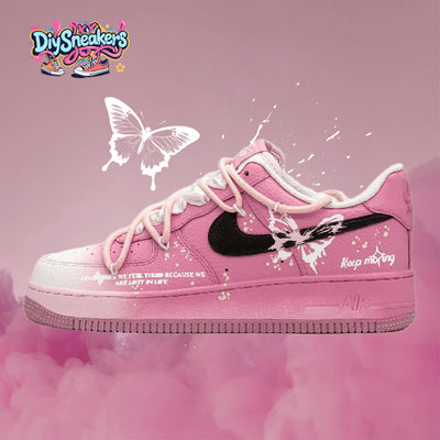 Custom The butterfly is fluttering Air Force 1 Black/pink – custom sneakers view 2 | DiySneakers