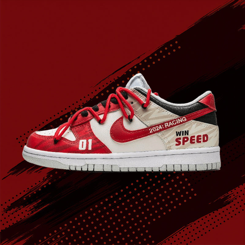Custom top-secret racing in white and red Dunk White/red – hand-painted custom sneakers | DiySneakers