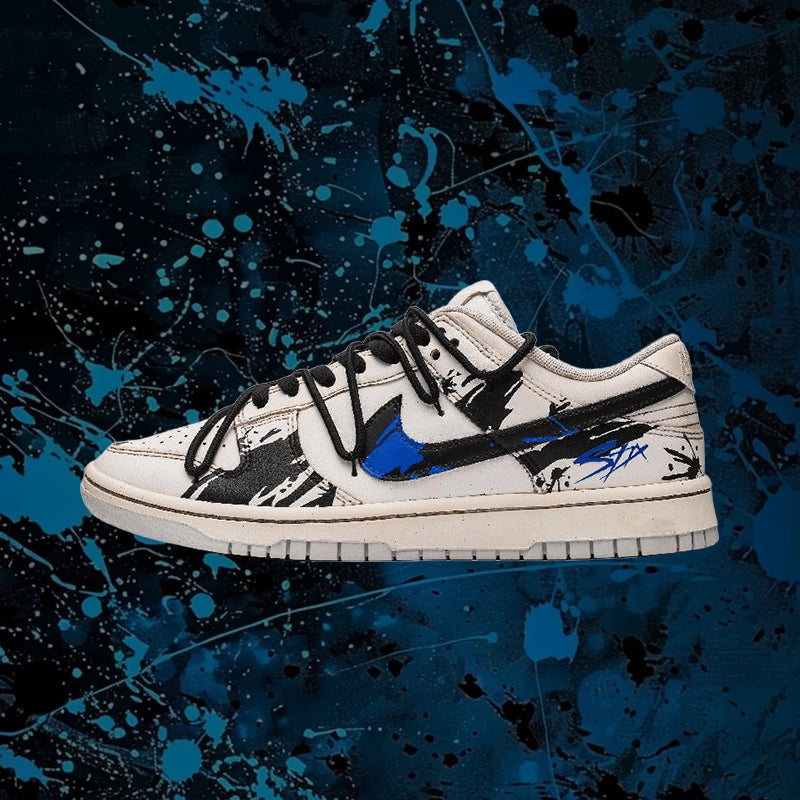 Custom ink-wash art in black and blue Dunk Blue/Brown – hand-painted custom sneakers | DiySneakers