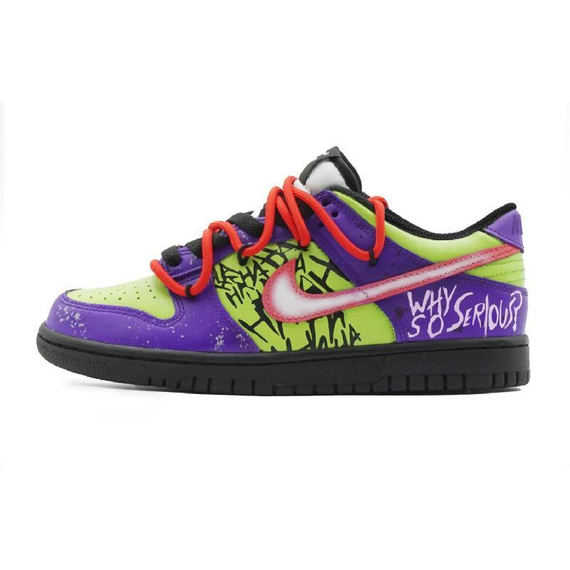 Custom Female clown Dunk Purple/green/red – hand-painted custom sneakers | DiySneakers
