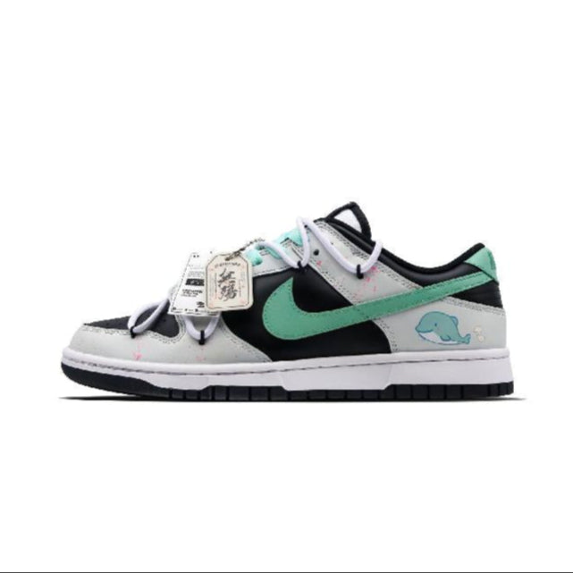 Custom Female little dolphin Dunk Black/Gray/Green – hand-painted custom sneakers | DiySneakers
