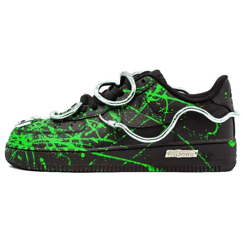 Black and green paint-splatter custom sneakers for men