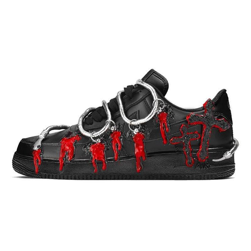 Custom dark Medusa cross in black and red Air Force 1 Black/Red – hand-painted custom sneakers | DiySneakers