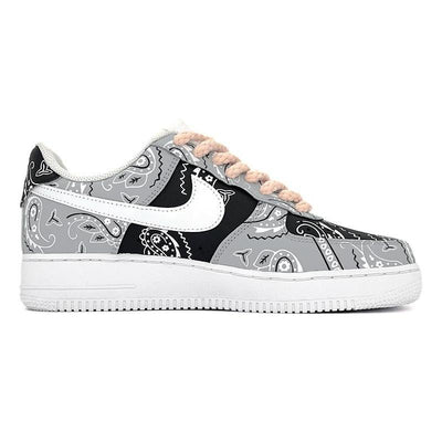 Custom Four spray-painted black, white and gray cashew flower Air Force 1 – custom sneakers view 2 | DiySneakers