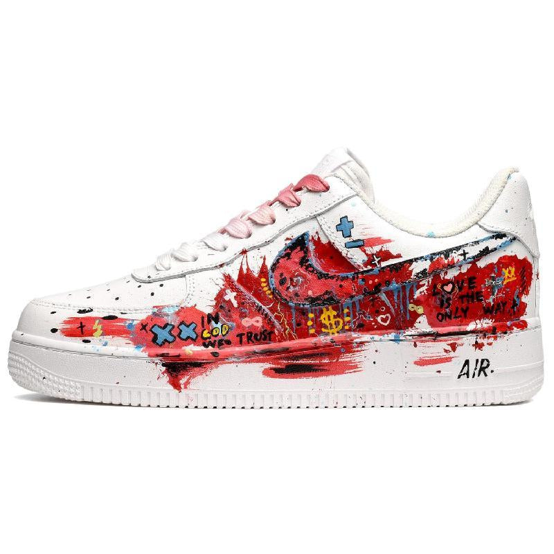 Red and white graffiti custom sneakers for men