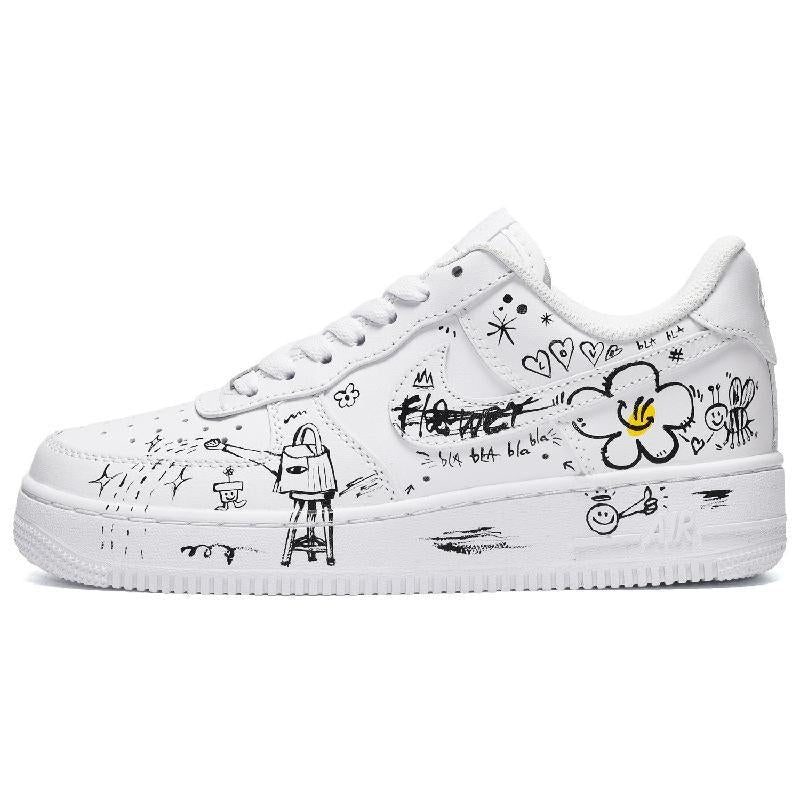Custom The male smiling little flower is in black and white Air Force 1 Black/White – hand-painted custom sneakers | DiySn…