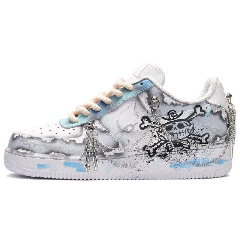White gray and black pirate graphic custom sneakers