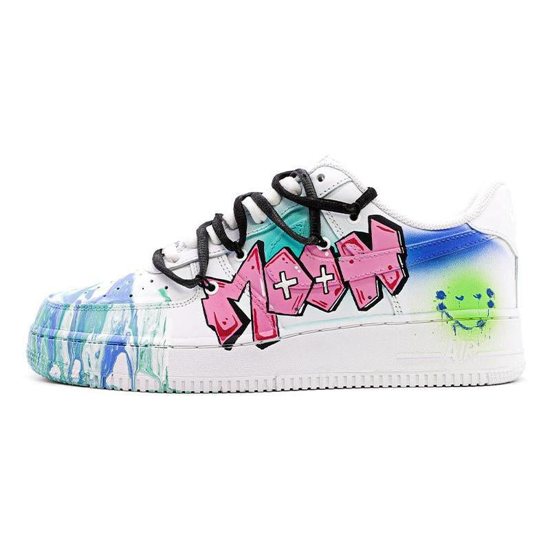 Blue green and pink fluid-art graffiti custom sneakers for men
