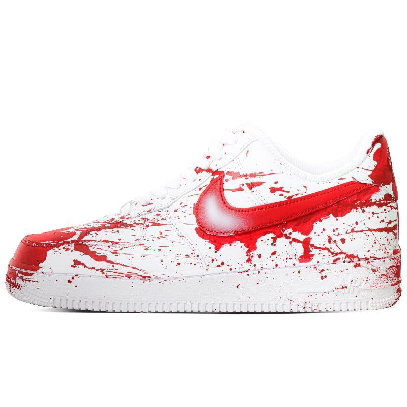 Red and white Suspect X graphic custom sneakers