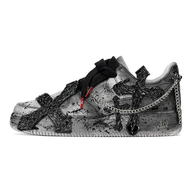Black and gray cross graphic custom sneakers