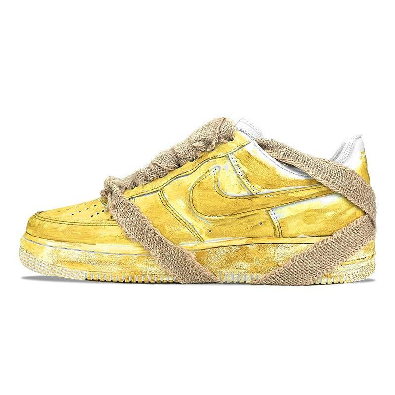 Aged-yellow custom sneakers with jute-wrap detail