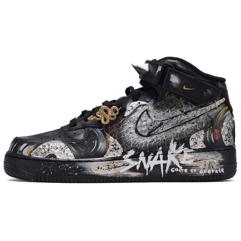 Custom The male and female versions of SNAKE Air Force 1 Black White – hand-painted custom sneakers | DiySneakers