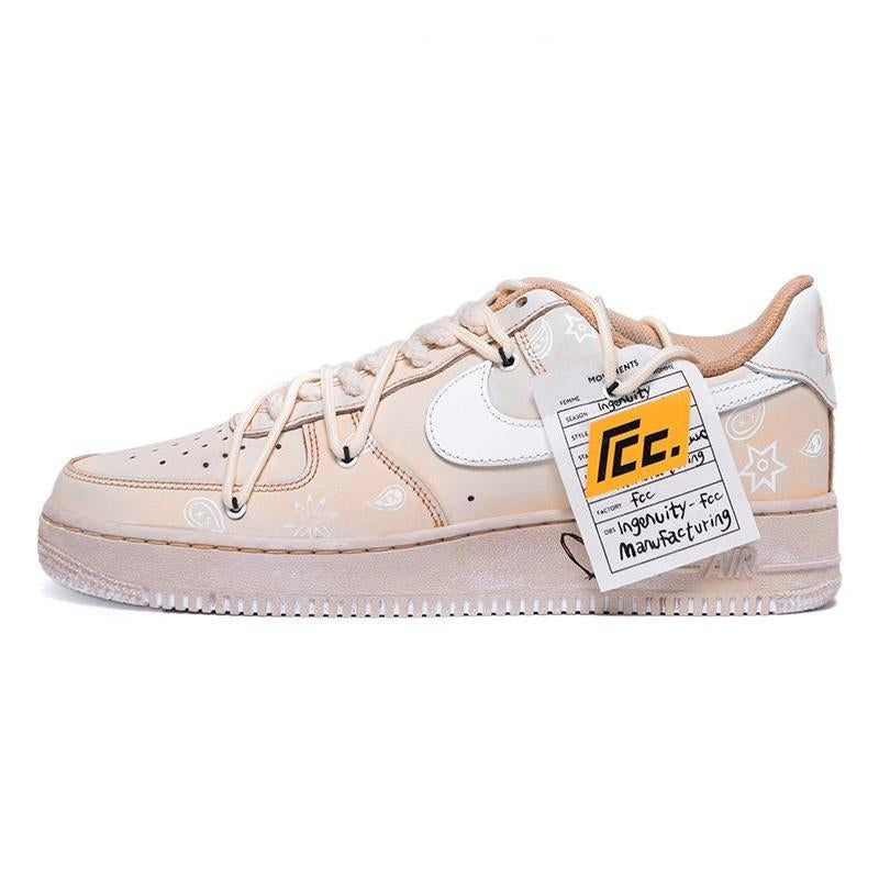 Custom retro cashew flower tea brown Air Force 1 Pink/white – hand-painted custom sneakers | DiySneakers