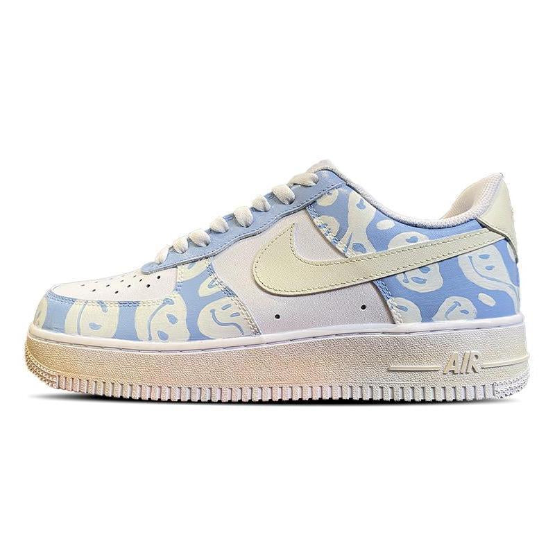 Custom "Happy energy" Air Force 1 White/Royal Blue/Fern Green – hand-painted custom sneakers | DiySneakers