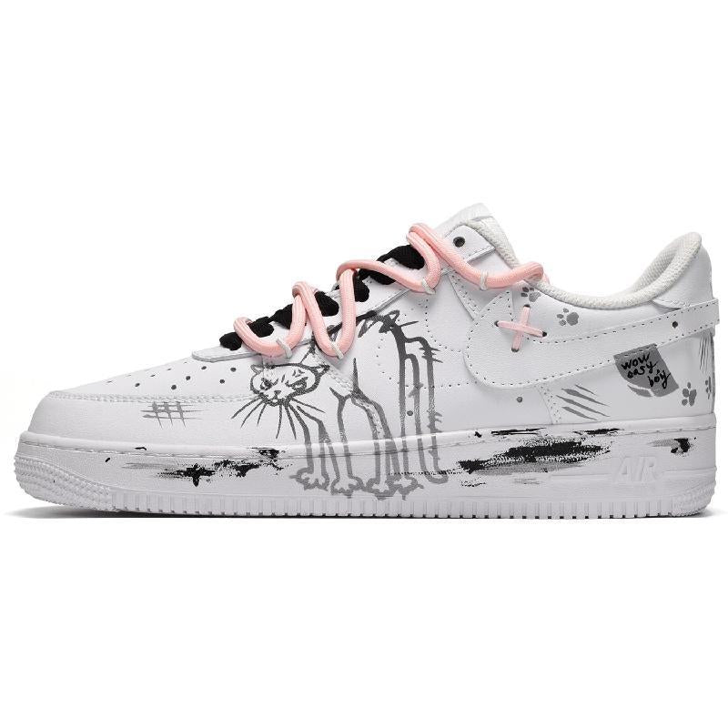 Custom The female angry cat is in black, white and grey Air Force 1 Black/white/gray – hand-painted custom sneakers | DiyS…
