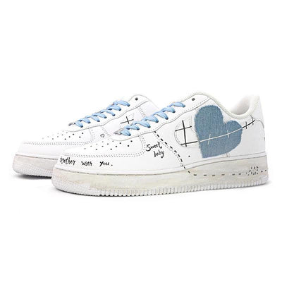 Custom heart-shaped denim in white and blue Air Force 1 – custom sneakers view 2 | DiySneakers