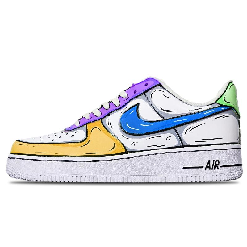 Custom 2D orange purple green Air Force 1 Blue, Yellow, Purple, White – hand-painted custom sneakers | DiySneakers