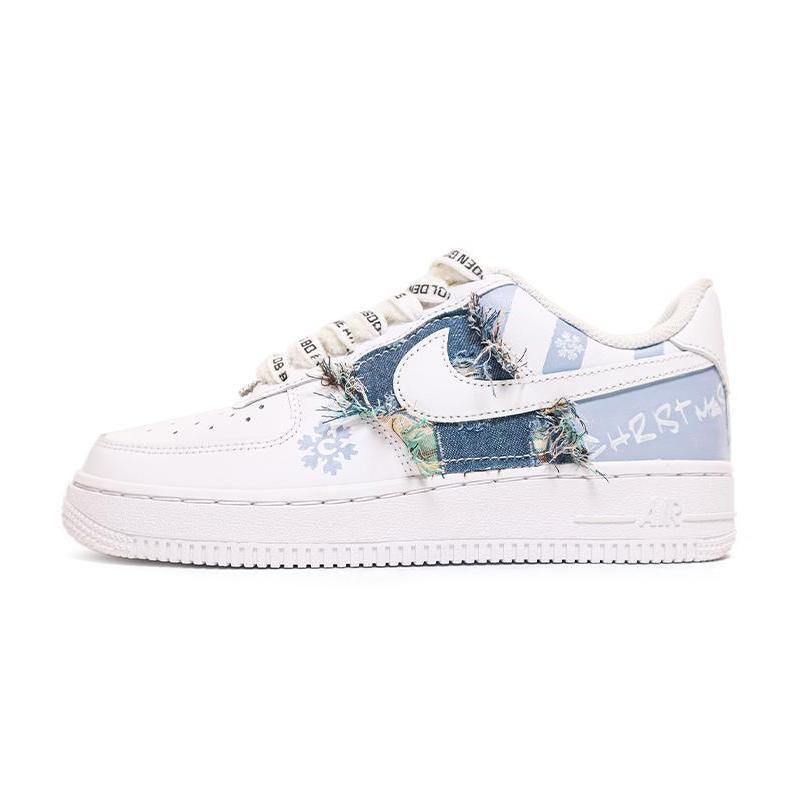 Custom Christmas-themed blue denim for destructive Air Force 1 Blue – hand-painted custom sneakers | DiySneakers