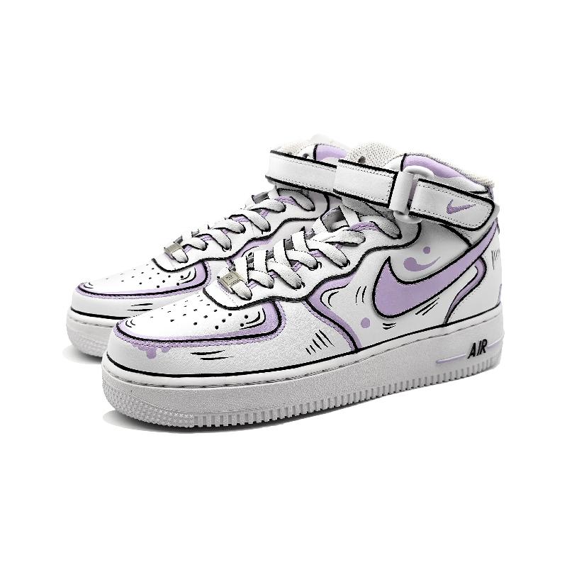 Custom Female dynamic 2D purple and gray style Air Force 1 – hand-painted custom sneakers | DiySneakers