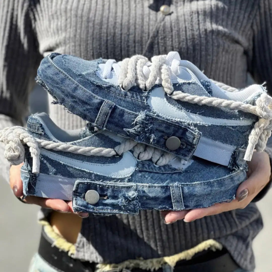 Blue denim patchwork custom sneakers with cross detail