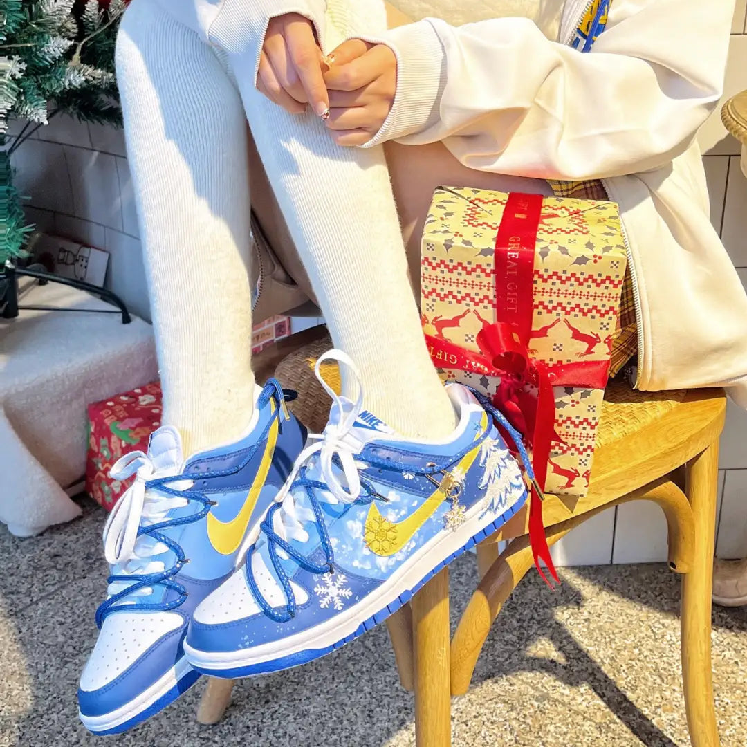 Blue and white snowy forest Christmas custom sneakers