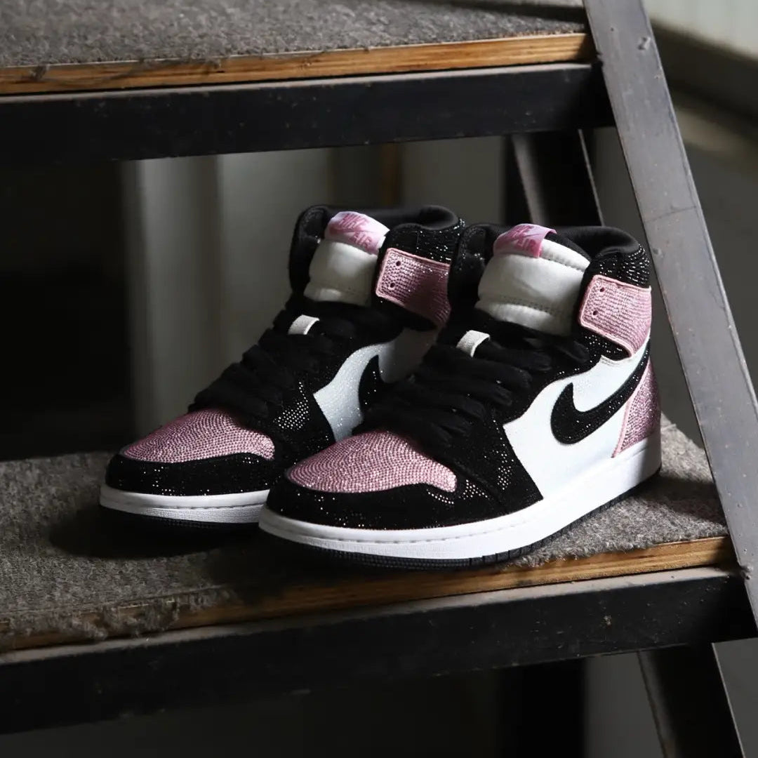 Custom Pink&Black - Full Diamond Air Jordan 1 Mid - Top – hand-painted custom sneakers | DiySneakers