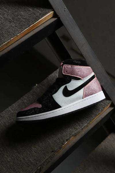 Custom Pink&Black - Full Diamond Air Jordan 1 Mid - Top – custom sneakers view 2 | DiySneakers