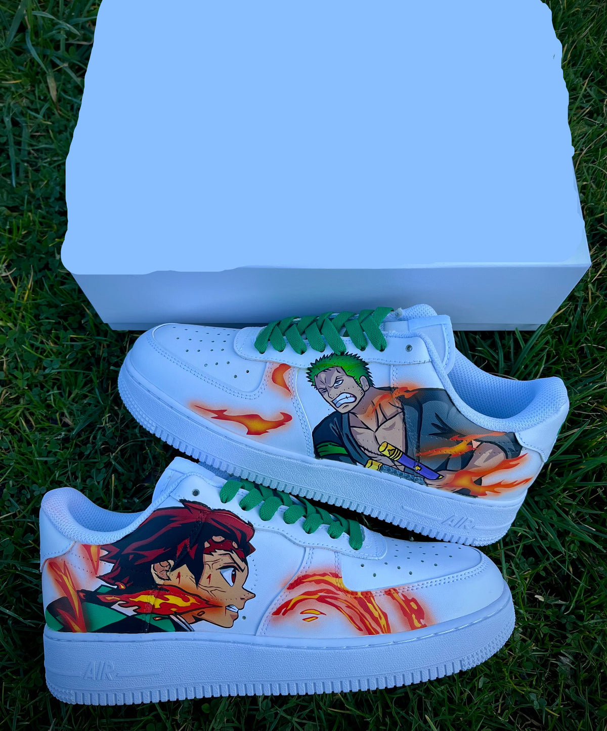 Custom One piece / kimetsu no yaiba Zoro vs Tanjiro Air Force 1 – hand-painted custom sneakers | DiySneakers