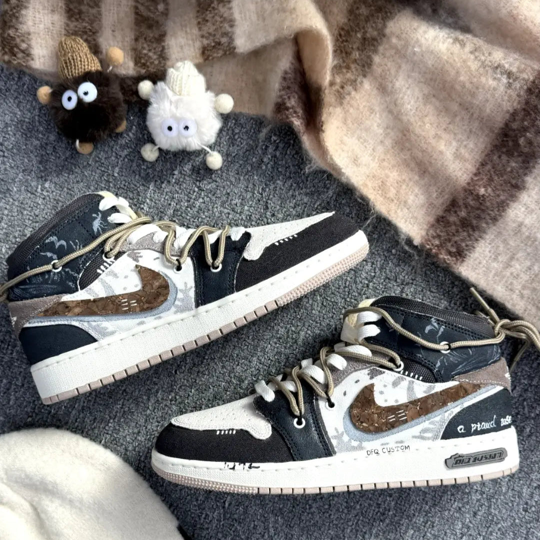 Brown and black hand-painted graffiti custom sneakers