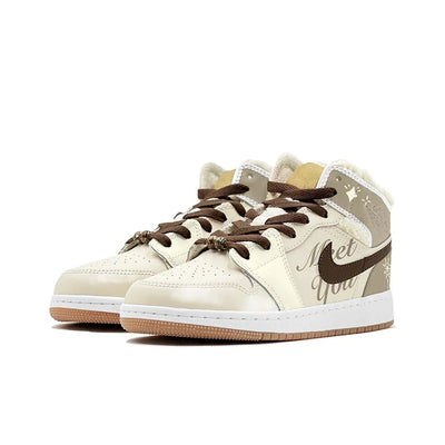 Custom Warm Winter - Romantic Fireworks Jordan Air Jordan 1 Female Khaki Color – custom sneakers view 2 | DiySneakers