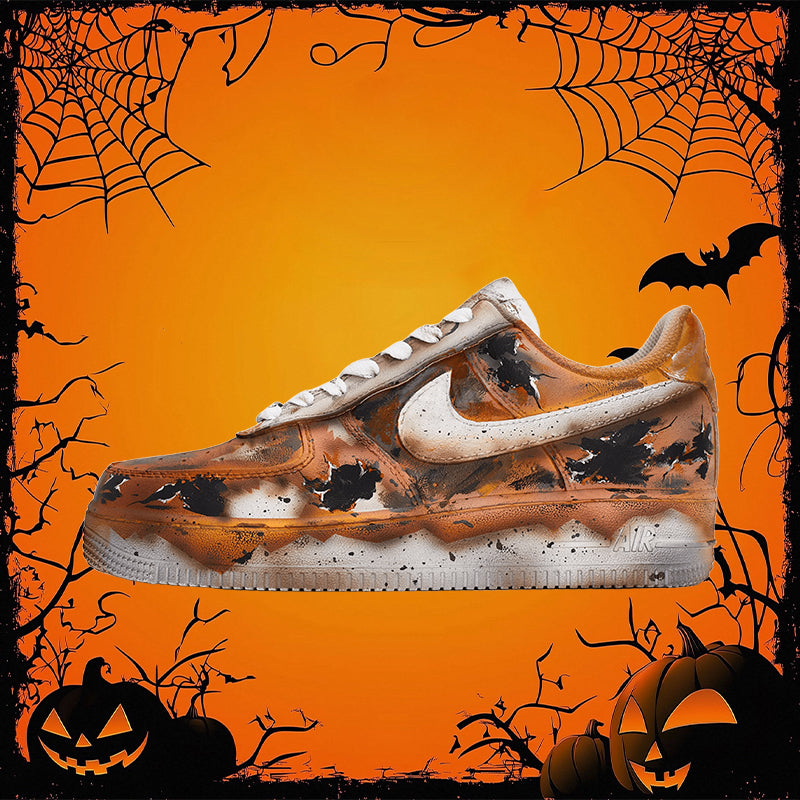 Customized Damaged Space Air Force 1 Shoes Black/Orange – hand-painted custom sneakers | DiySneakers
