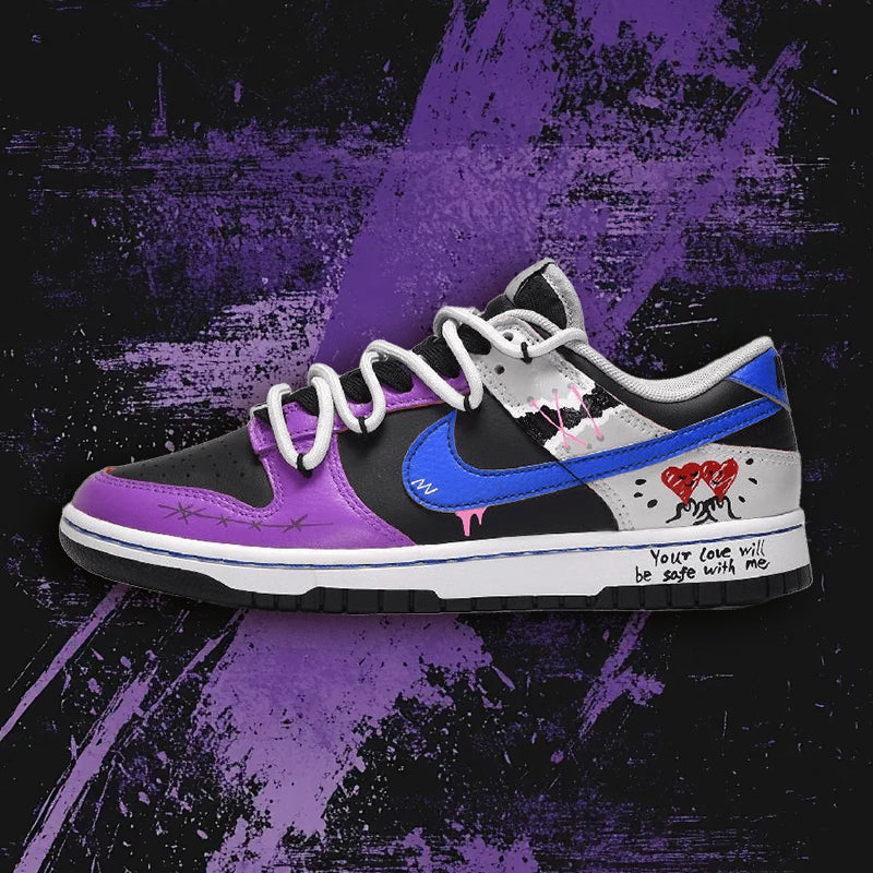 Custom style: Heart to Heart Blue, Black and purple Dunk Blue-black-purple – hand-painted custom sneakers | DiySneakers
