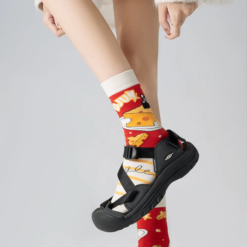 Cute Era - Oil Painting Trend Cartoon Design Sense Boneless Mid-Calf Socks Men And Women Alike 5 Pairs