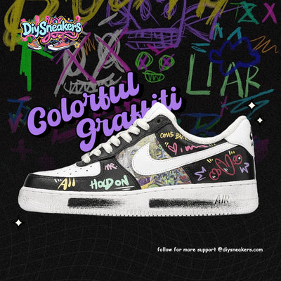 Custom Street graffiti Air Force 1 Black/white – hand-painted custom sneakers | DiySneakers