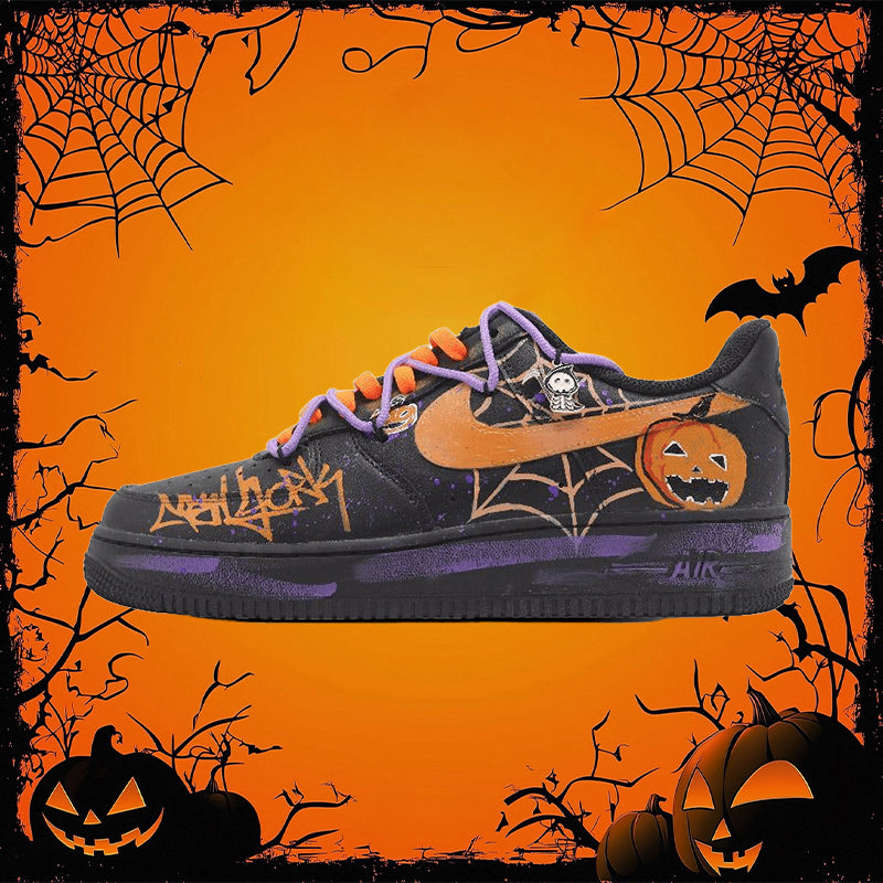 Custom Surprise Pumpkin Air Force 1 Black/Purple/Orange – hand-painted custom sneakers | DiySneakers