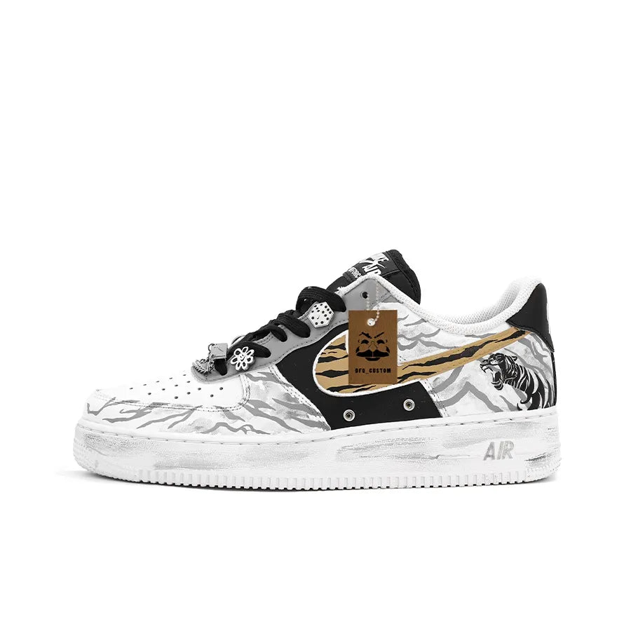 Custom Year of the Tiger, Tiger Stripes Air Force 1 Low White/Blue/Grey – hand-painted custom sneakers | DiySneakers