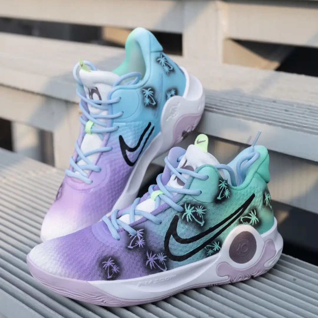 Custom Green and purple coconut tree A KD Trey 5 IX Vintage – hand-painted custom sneakers | DiySneakers