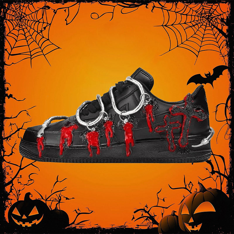 Custom dark Medusa cross in black and red Air Force 1 Black/Red – hand-painted custom sneakers | DiySneakers