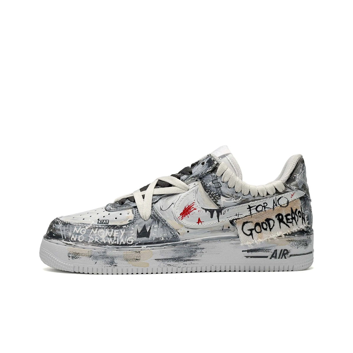 Customized For No Good Reason Air Force 1 Shoes Graffiti/Star shoelaces Gray – hand-painted custom sneakers | DiySneakers