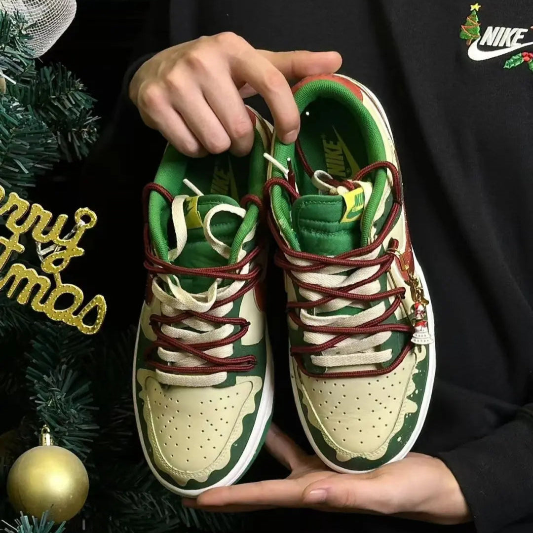 Green Christmas-themed custom sneakers with seasonal details
