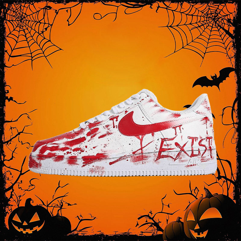 Red and white crime-scene street-art custom sneakers