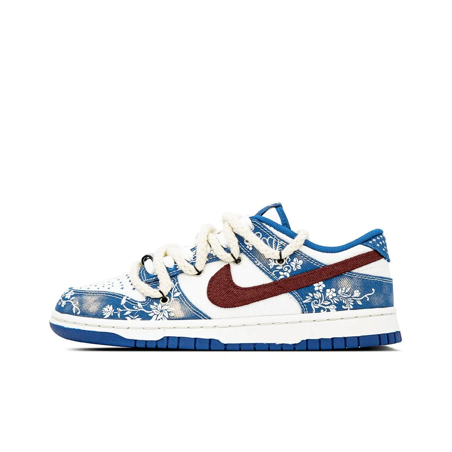 Custom Blue Daisy, Left and Right Shoes Irregular Patterns Dunk Low Denim Style – hand-painted custom sneakers | DiySneakers
