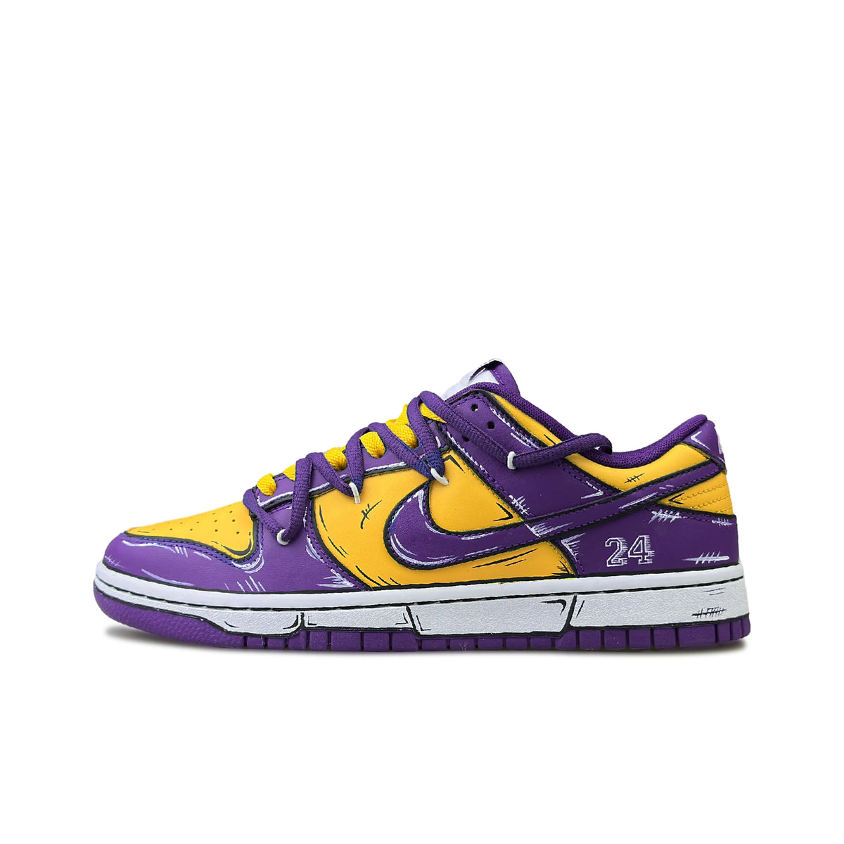 Custom California, Cartoon Style Dunk Lakers Colors Purple/Gold – hand-painted custom sneakers | DiySneakers