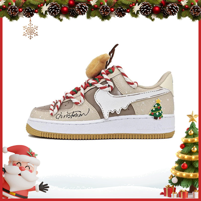 Custom Christmas party Air Force 1 Brown/brown/beige/red/green/white – hand-painted custom sneakers | DiySneakers