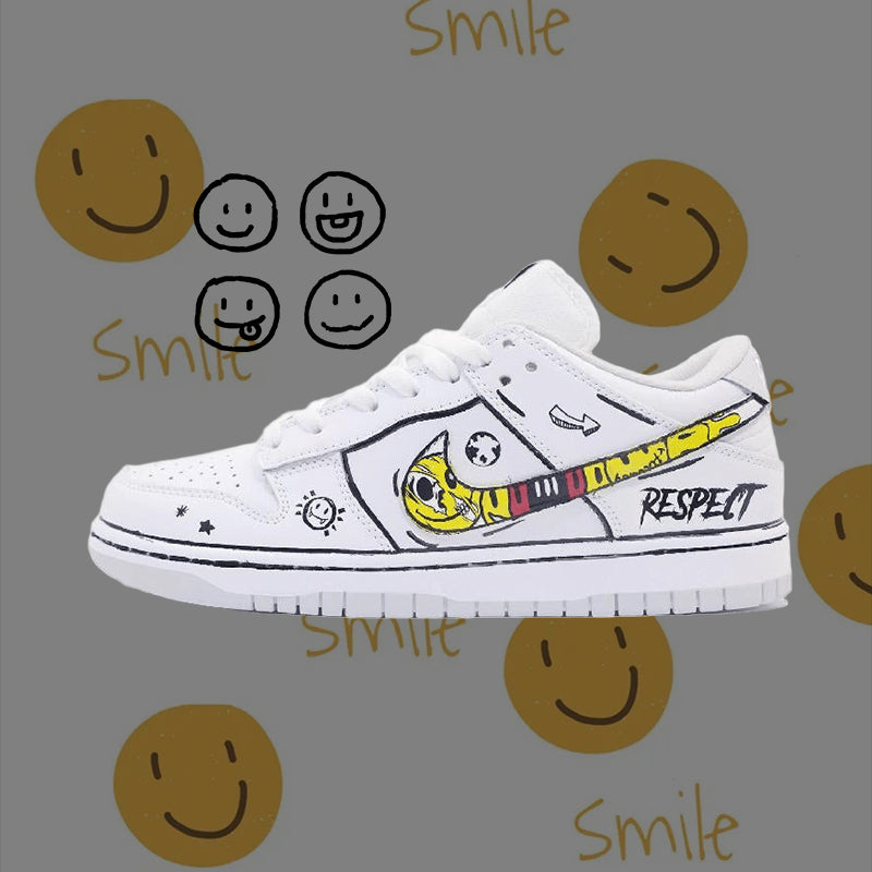 Custom White 2D hand-drawn pictures Dunk White/yellow/black – hand-painted custom sneakers | DiySneakers
